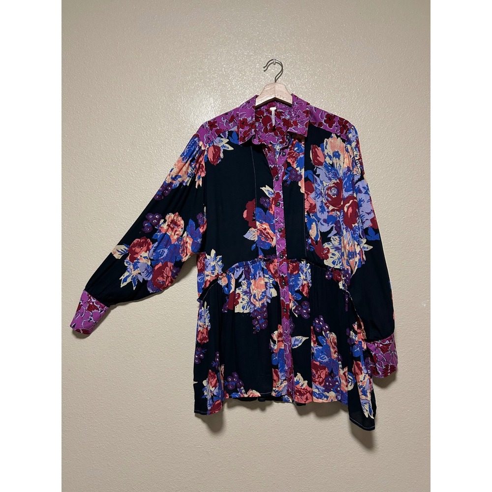 Free People Size XS Shirt Dress Oversized Floral Button Tunic Black Purple Boho